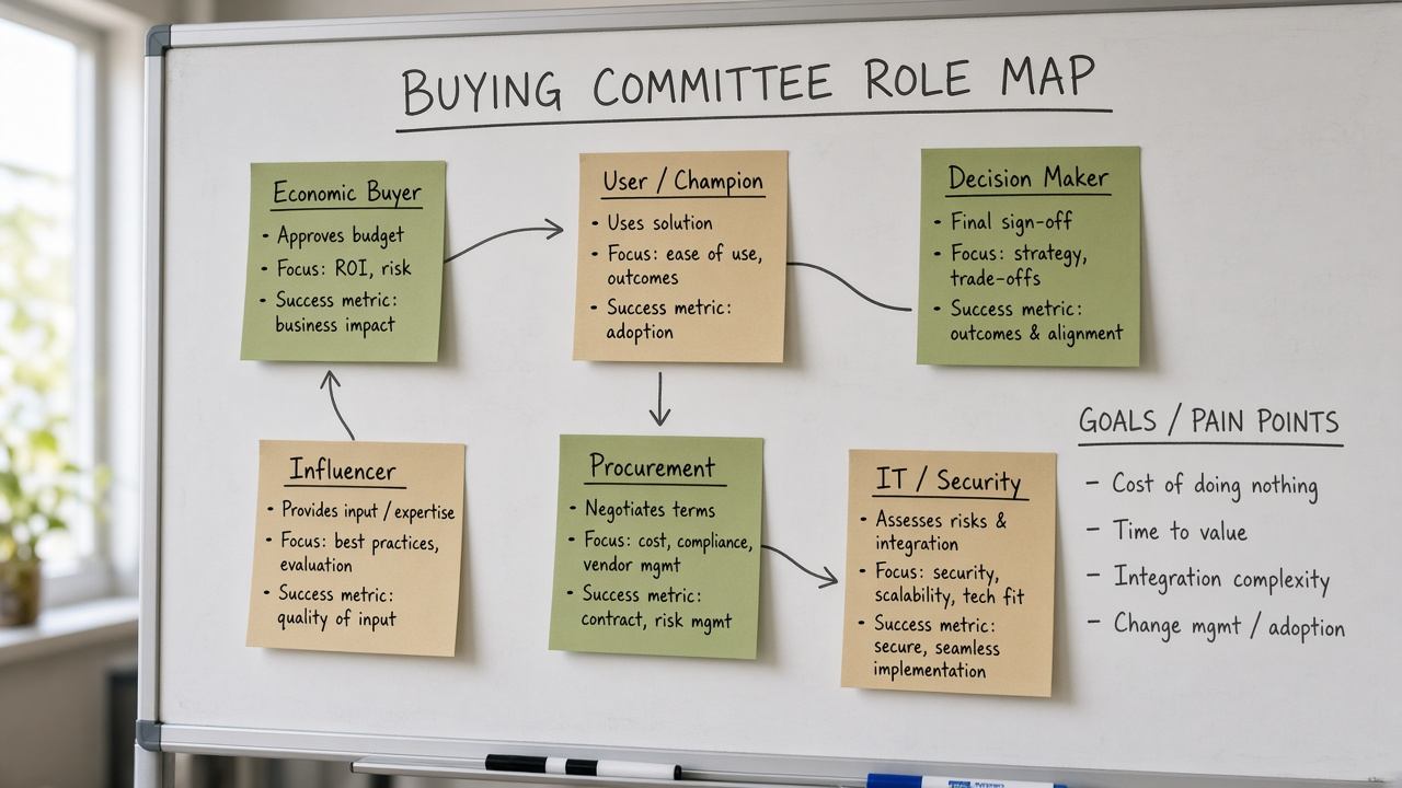 Whiteboard map of a B2B buying committee with role labels