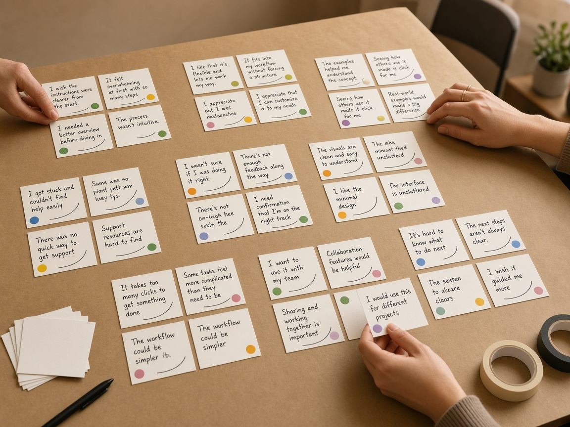 Affinity clusters of interview quotes on kraft paper